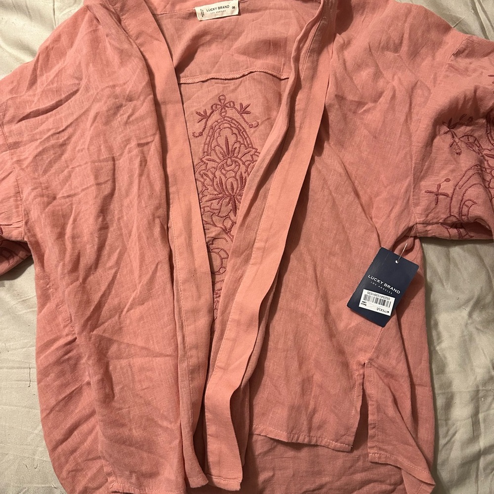 Lucky Brand Dusty Rose Embroidered Linen Blend Kimono Top